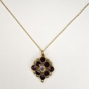 Gold-Tone Deep Red Garnet & Aurora Borealis Crystal Pendant Necklace